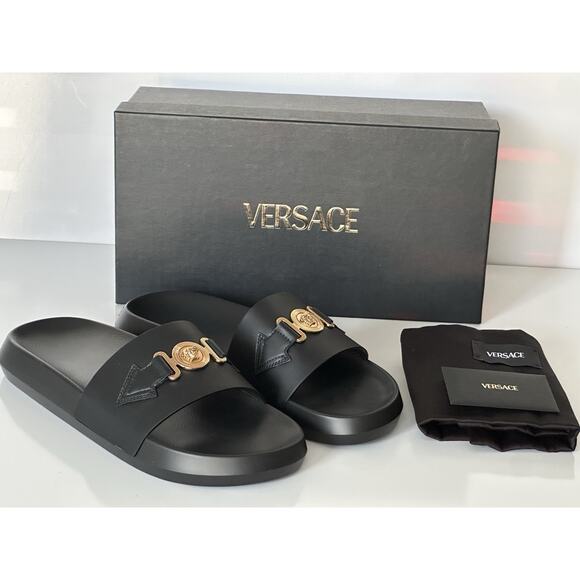 Versace Medusa Black Leather Slides Sandals 14 US (47 Euro) 1010628 NIB $490 - Picture 15 of 16